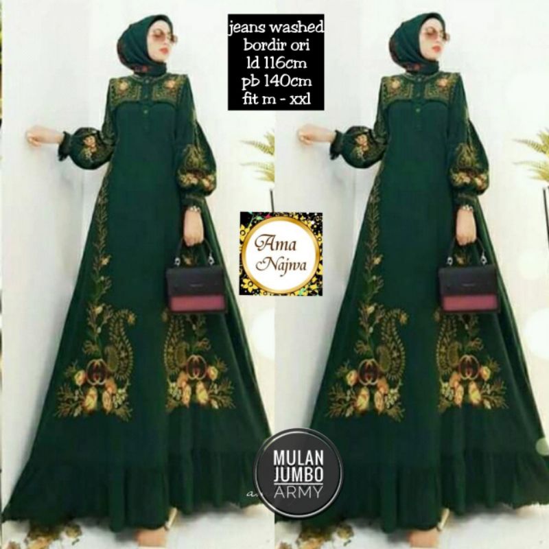 Mulan Army Dress Maxy Gamis Jumbo Jeans Bordir Bunga Ld 116 Jumbo Fit XXL Busui Kancing By Amj