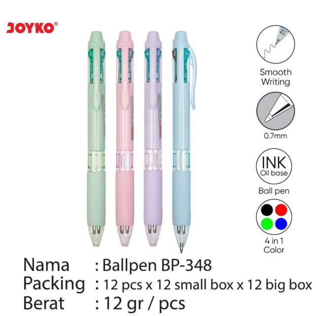 

( 1 pcs ) Ball Pen Quaco 4 / Pulpen 4w pastel / Pena 4 warna Joyko BP-348 / Quaco4 0.7 mm