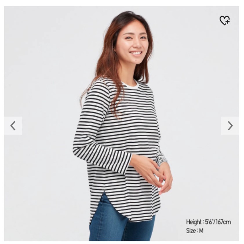 UNIQLO WOMEN T-Shirt Shirttail Hem Katun Lembut Garis | Kaos lengan panjang UNIQLO Original | Kaos W