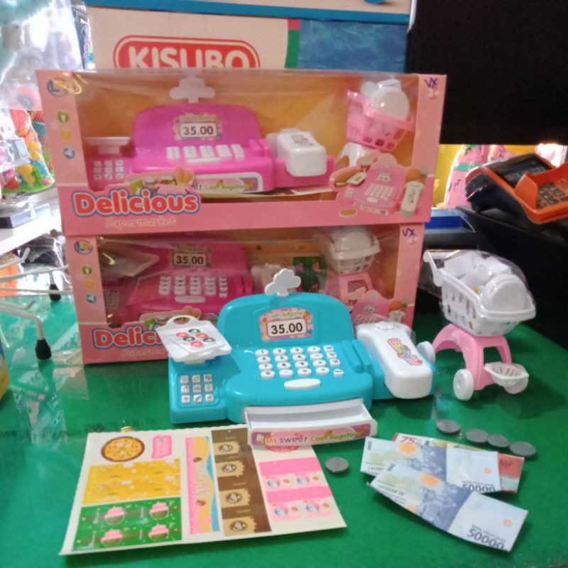 Mainan Anak Cash Register Mesin Kasir kasiran Supermarket Baterai Uang Mainan Delicious Supermarket