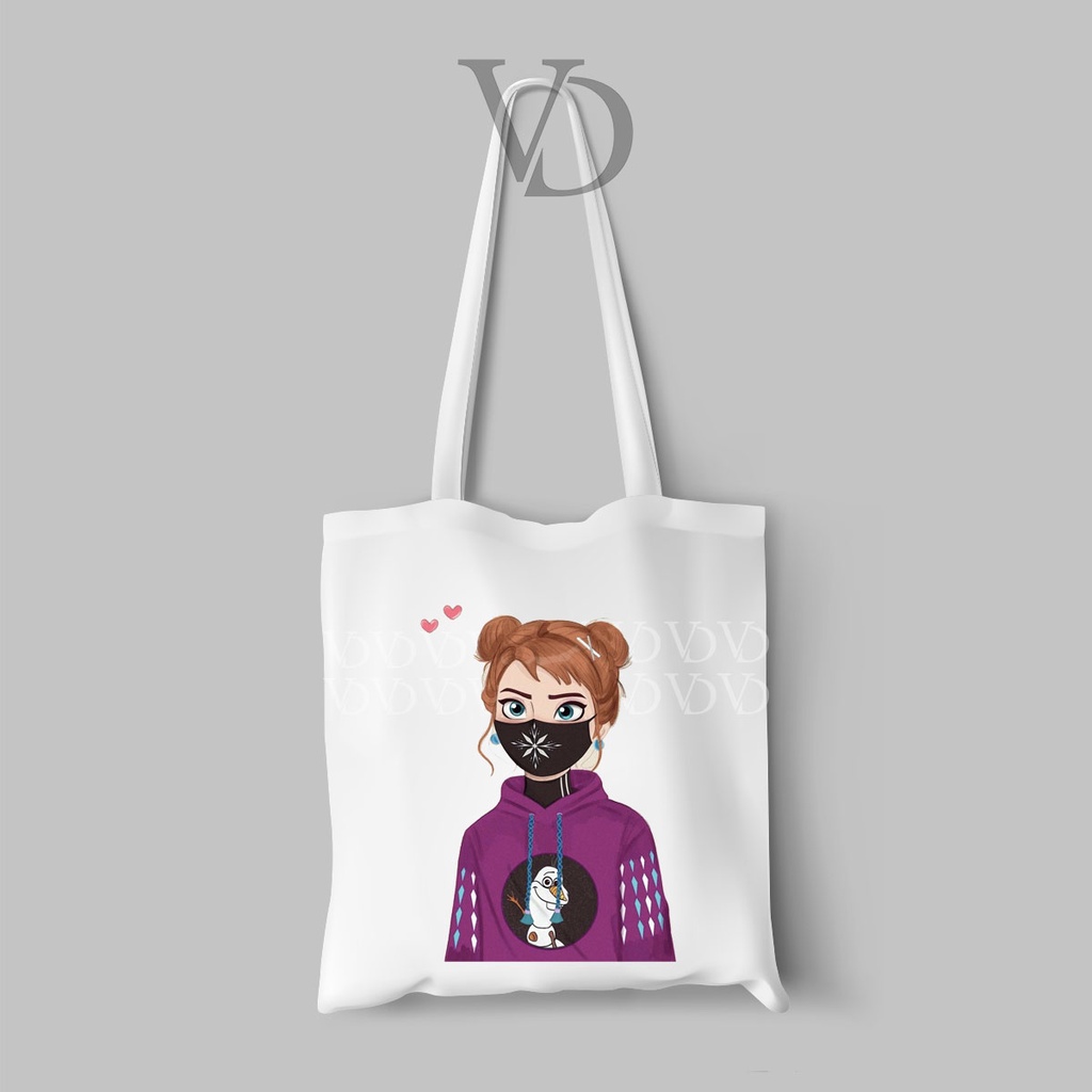 tote bag canvas disney wear mask / tas disney cute / totebag frozen elsa cinderella belle