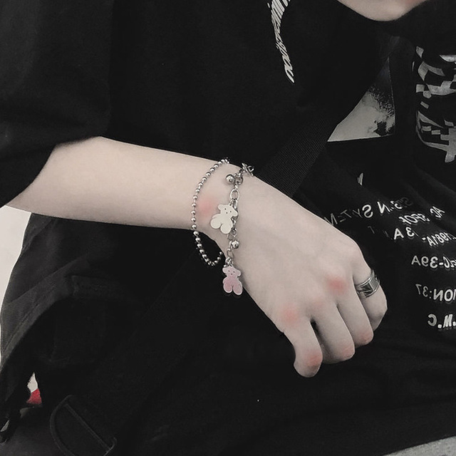 Stainless Steel Punk Double Bear Bracelet Round Bead Chain