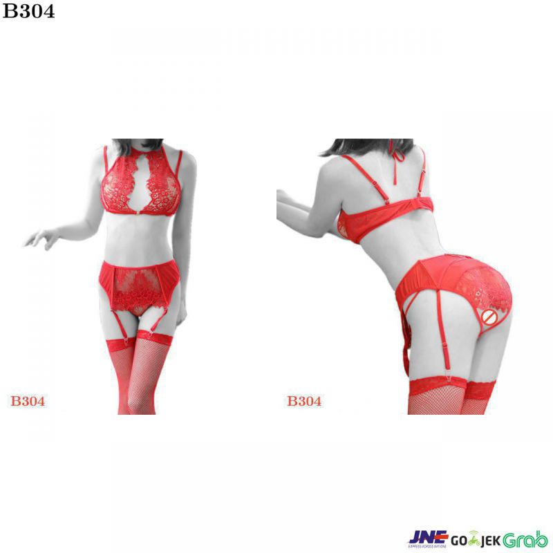 Bikini Bra Set Halterneck Merah Transparan, Crotchless, Garter, Stocking Fishnet