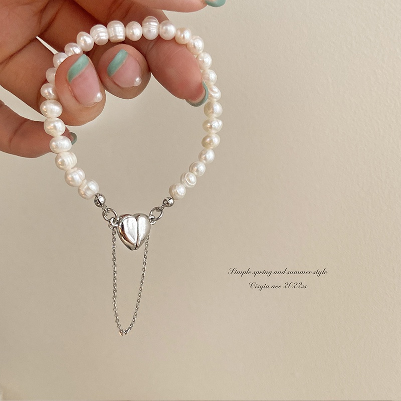 AY(CN) Gelang Rantai Manik-Manik Mutiara Hati Magnetik Warna Silver Untuk Wanita