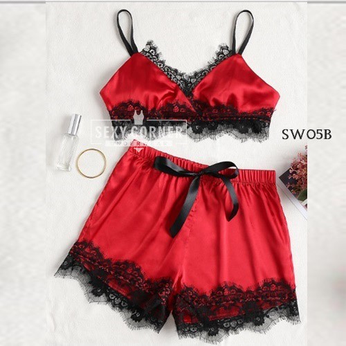 Setelan Tanktop / Baju Tidur Bikini Wanita Set Merah SW05B