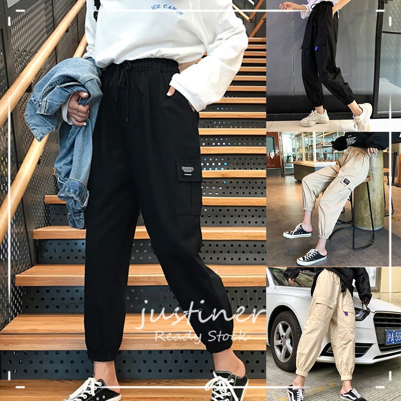  Celana  Panjang Cargo Casual High  Waist  Elastis Warna Polos 