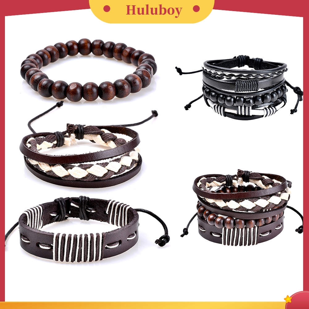 Hu Hu Hu Hu Hu Alat Bantu Pasang Kacamata♡ 3pcs Gelang Tangan Kulit Imitasi Kepang Aksen Manikmanik Kayu Retro Untuk Pria