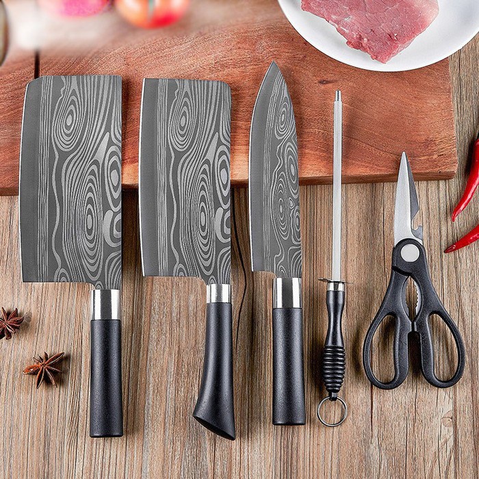 6in1 Set Pisau Dapur Chef Damaskus Pattern Pisau Cincang Daging Sushi promo