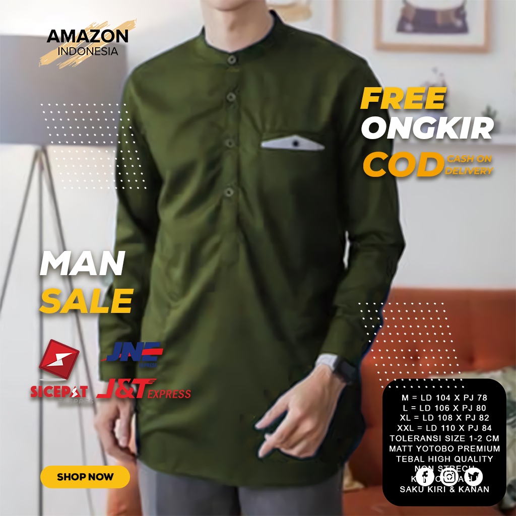 FASHION MUSLIM PAKAIAN PRIA BAJU KOKO LENGAN PANJANG WARNA ARMY CASUAL KATUN TOYOBO PREMIUM KAIN TEBAL