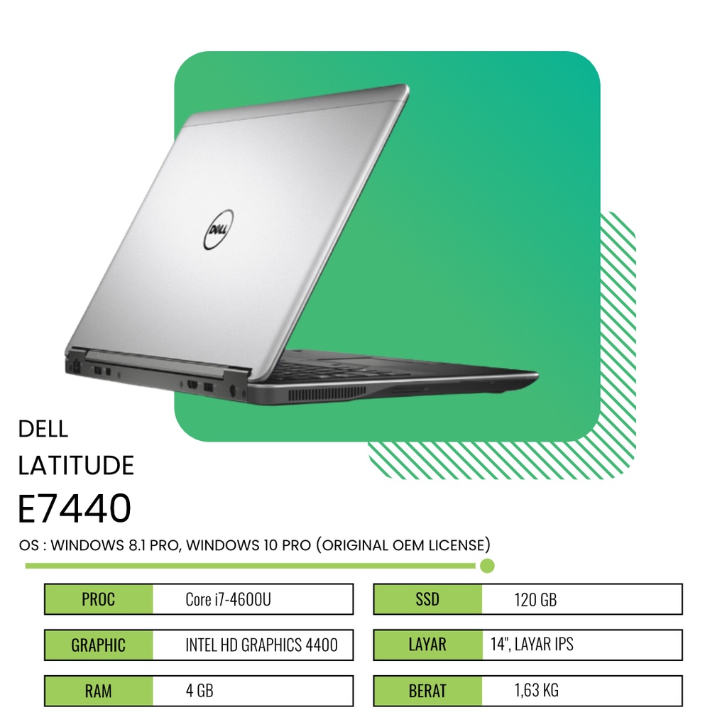 DELL LATITUDE E7440 CORE I7 4600U RAM 4GB SSD 120GB LAYAR IPS WINDOWS 10 PRO ORIGINAL OEM
