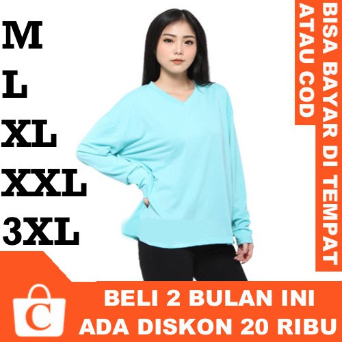 CORATCORETUDIO Kaos Wanita T-Shirt Cewek Jumbo Big Size Lengan Panjang Polos Leher V Neck HIJAU MINT
