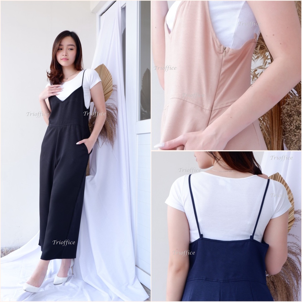 Jumpsuit Wanita Polos Kamisol Sleeveless V Neck