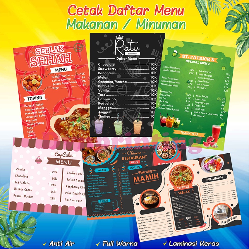 

Cetak Menu Makanan Minuman Anti Air Full Color Ukuran A4 & A3 Free Desain