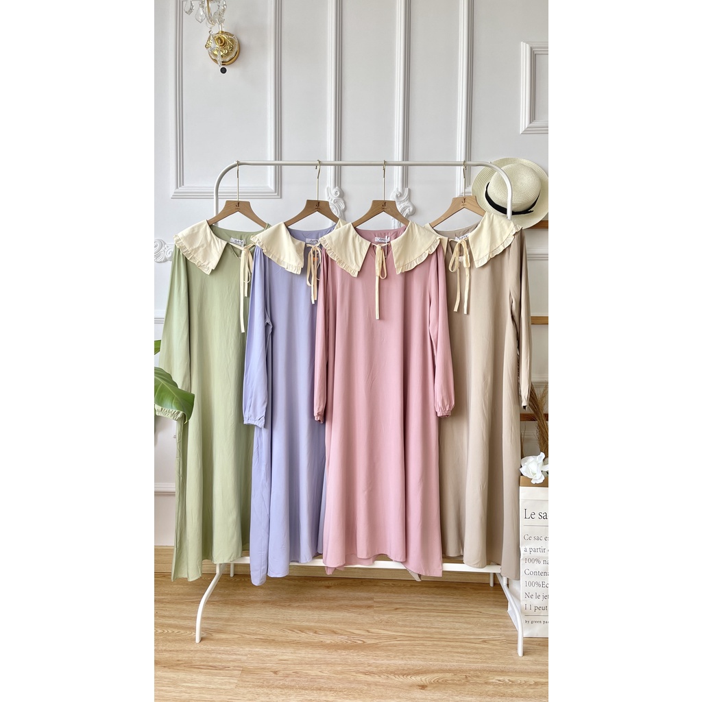 Cute Pastel Korean Midi Dress Collar / Long Tunik Kerah Wanita