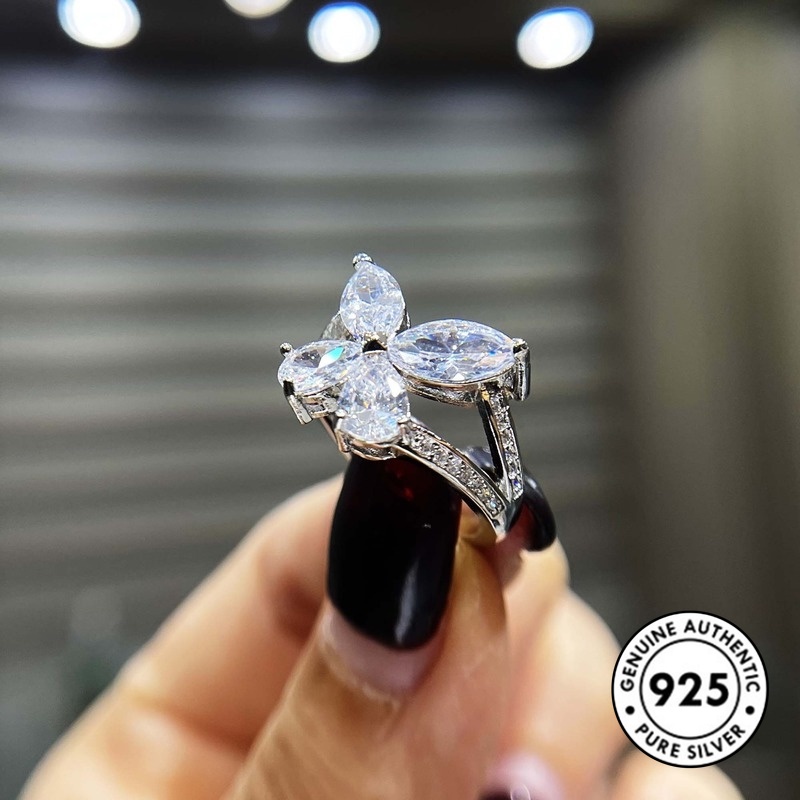 Cincin Desain Kupu-Kupu Aksen Berlian Bahan S925 Sterling Silver