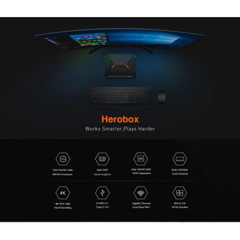 Mini PC Herobox 8/256GB SSD 4K GeminiLake N4100 WiFi Windows 10 (Slot Sata 2.5&quot; Up to 2TB)