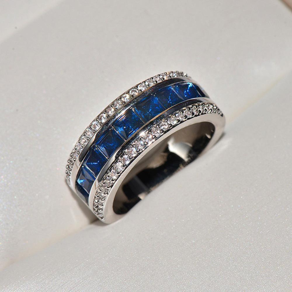 Timekey Cincin Tunangan Sterling Silver 925 Hias Berlian Sapphire Biru Untuk Pria / Wanita A1K2