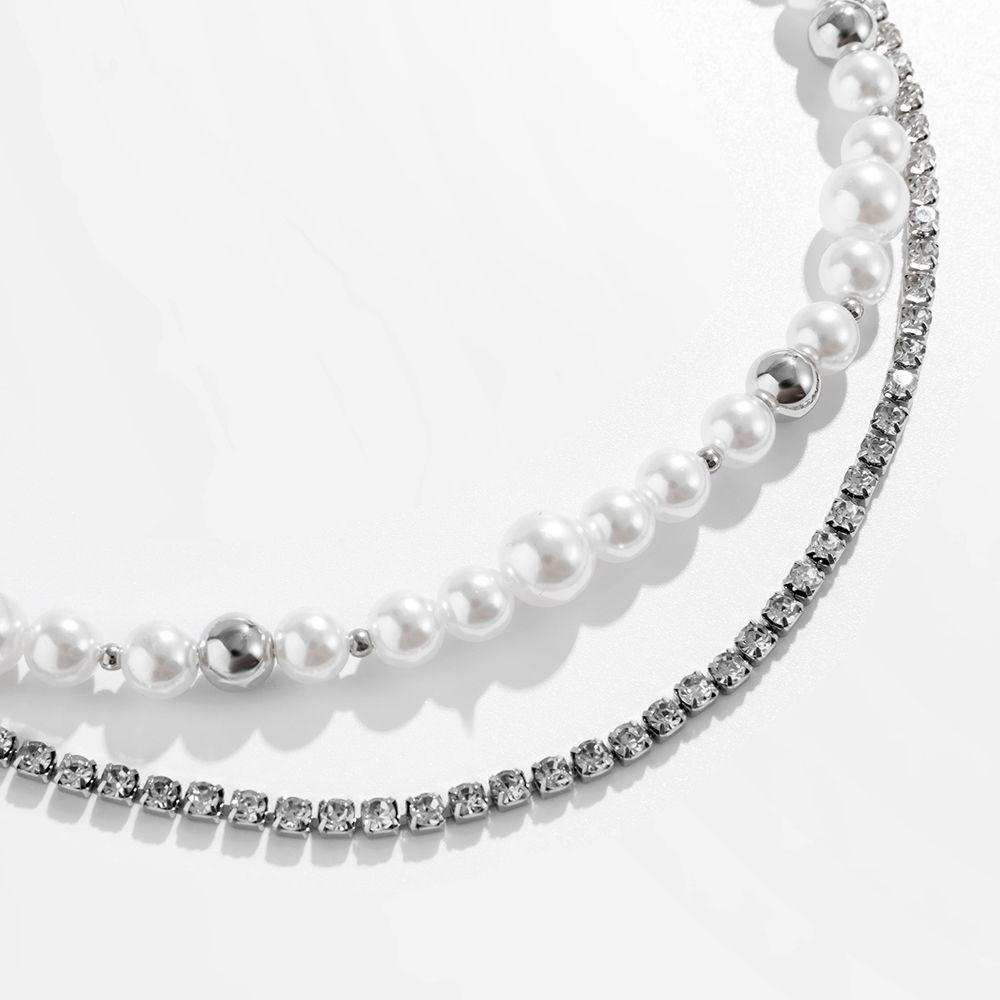 Agustina Pria Neckalce Shinny Unisex Mutiara Double-Layer Punk Berlian Imitasi Fashion Perhiasan