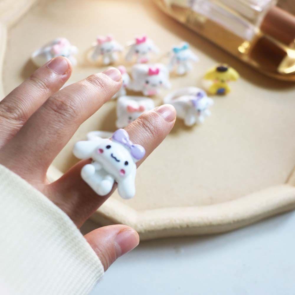 Mxbeauty Resin Cincin Untuk Gadis Hadiah Adjustable Melodyku Puding Anjing Kuromi Perhiasan Fashion Berbentuk Hati Kartun Jepang Telinga Besar Anjing Gaya Korea