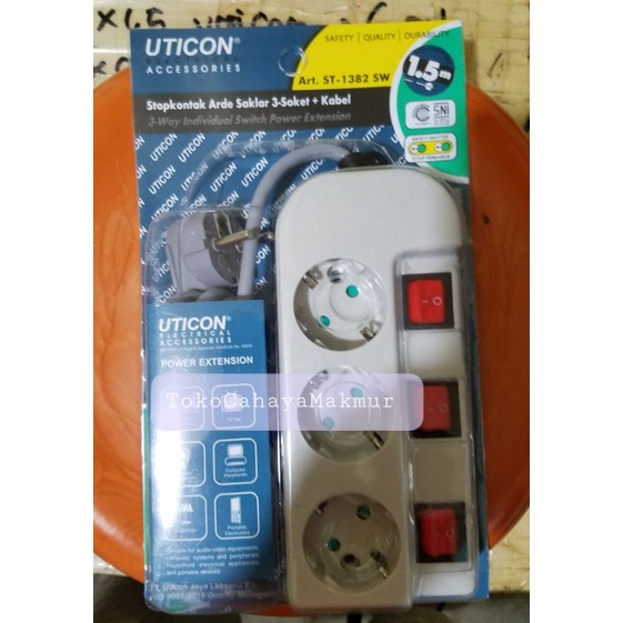 UTICON Stop Kontak Arde 3 Lubang + Saklar Tersendiri + Kabel ST-1382SW