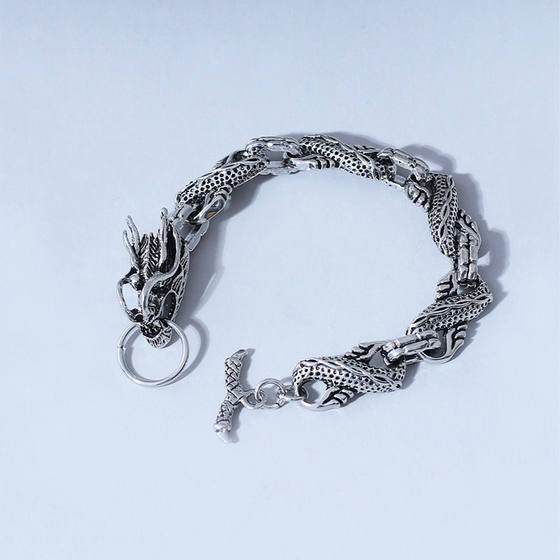 Rock Gelang Rantai Silver Desain Naga Gaya Punk Hip-Hop Etnik Retro Casual Untuk Pria