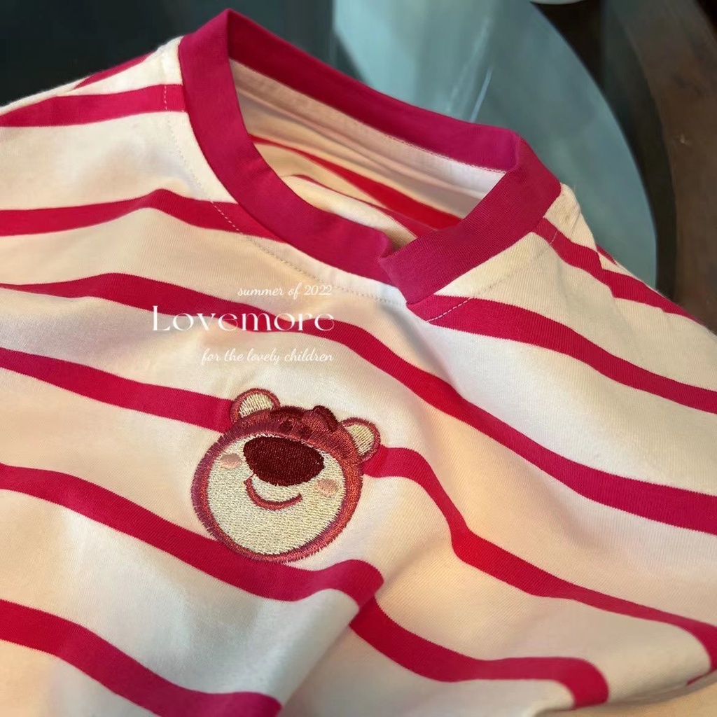 [PRINCESS KESLI] 1-9 Tahun Kaos Lotso Anak Perempuan Salur Bear Bordir T-shirt Kartun Kasual Leher Bulat