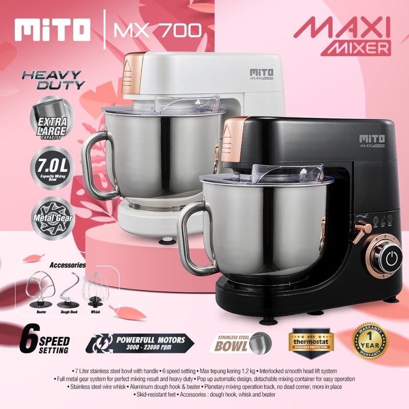 MITO MX700 Stand Mixer 7 Liter Heavy Duty Mixer Roti Mixer Adonan Planetary Mixer