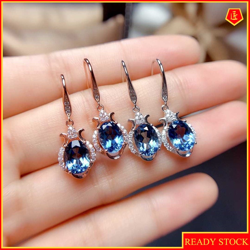 [Ready Stock]Natural Blue Topaz Earrings Female Pt950