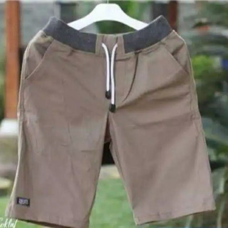 {BIg size}celana chinos pendek pria mick pinggang karet rip katun twill melar krem coklate