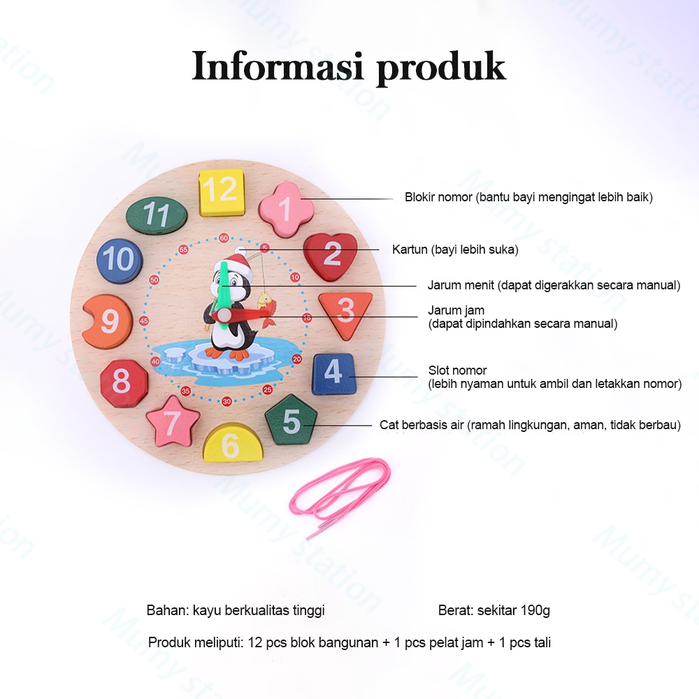 Mumystation beeded wooden clock Mainan Edukasi Jam Kayu mainan kayu montessori