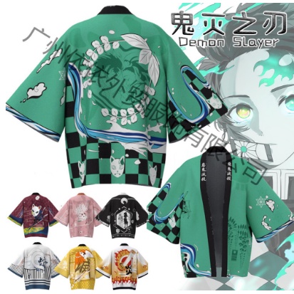 baju Baju Jepang Jaket Kimono Kimetsu No Yaiba Warna Hijau Pink Orange Merah Hitam Putih Kuning Demon Slayer Tanjirou Nezuko Rengoku Kyoujurou Tomioka Giyu Inosuke Kun Iguro Obanai Agatsumo Zenitsu Cosplay Kostum Tanjiro Anime outer