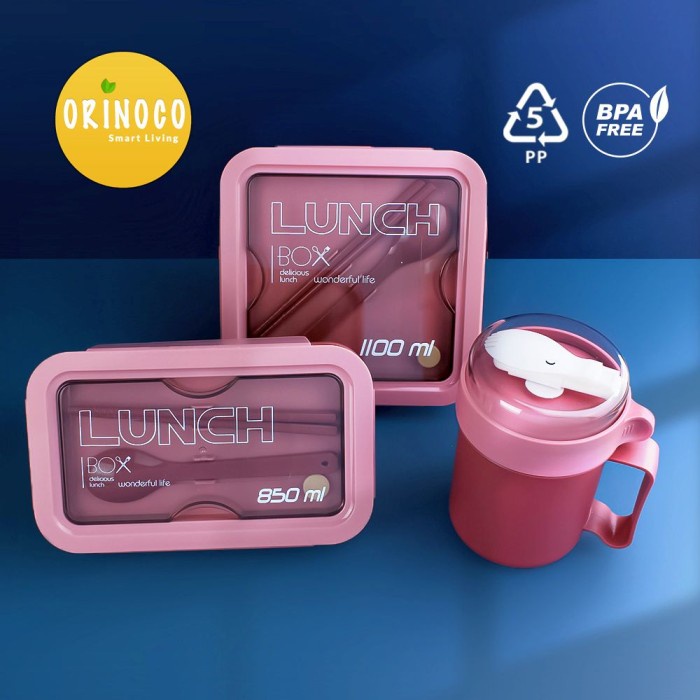 Jual Orinoco Tempat Makan Series Pink Lunch Box Set Anti Tumpah CODE653