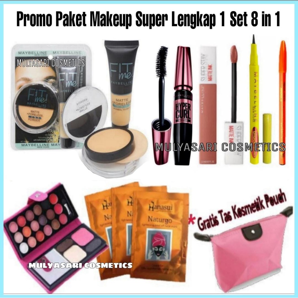 Paket Kosmetik Set Maybelline Hemat Super Komplit 8 in 1 / Paket Maybeline Fit me Lengkap - Foundation + Bedak + Maskara + Eyeliner + Lipstik + Eyeshadow + 3 Pcs Masker Wajah Hanasui + Pensil Alis + Gratis Tas Komsetik Pouch