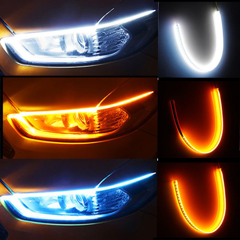 2pcs Lampu LED DRL Strip Warna Putih Kuning Untuk Headlight Mobil