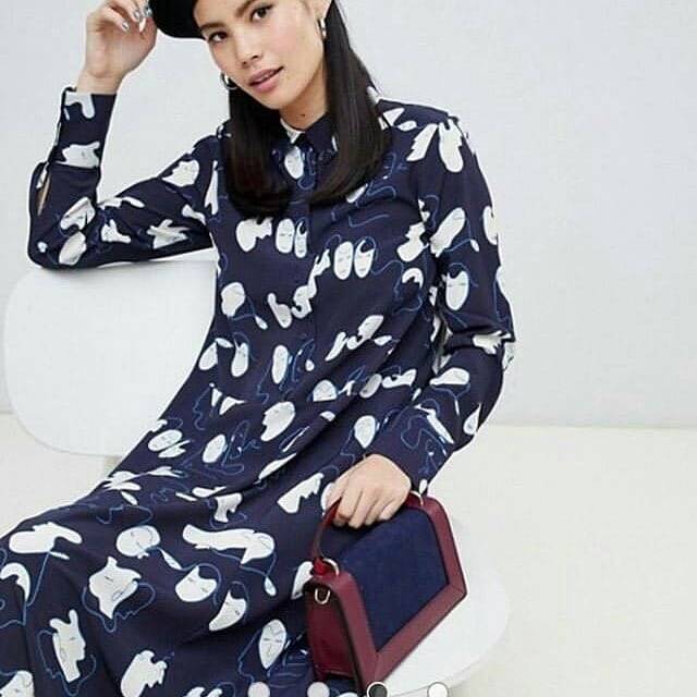 Monki midi face print shirt dress in navy