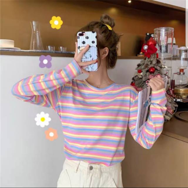 Atasan Wanita Pelangi rainbow Cetak Bergaris Lengan Panjang T-shirt Casual (real pict digeser ya)-3