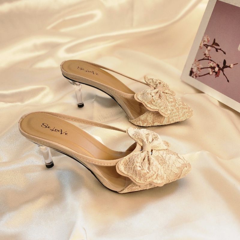 Arlaine- Imelda High Heels Wanita / Sepatu Heels Wanita / Heels Brukat Kaca / Heels 7cm / Heels Pesta / Selop Heels