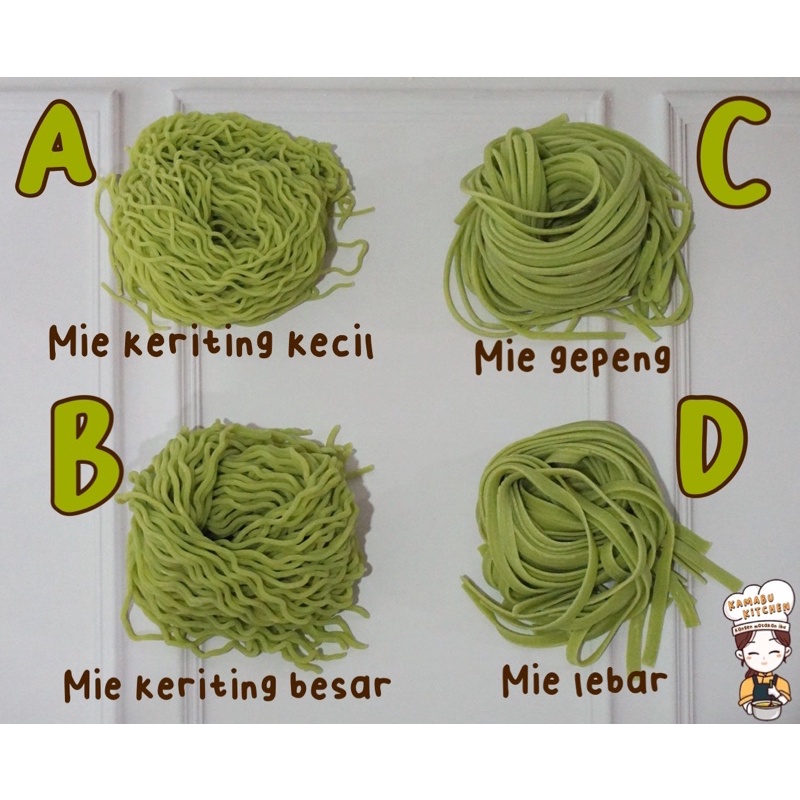 

Mie Hijau Vegie Mentah Homemade (mie keriting, mie halus, dan mie lebar)