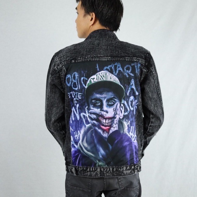 Jaket Jeans Printing Termurah Best Seller- Jaket Denim Pria Sablon Printing Xpression Sandwash Hitam