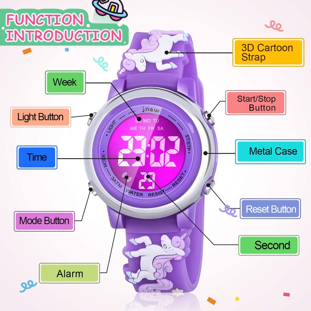 Jam Tangan Anak Kartun 3D Tahan Air dengan 7 Warna Lampu, Jam Digital Pergelangan Tangan Anak dengan Alarm dan Stopwatch untuk Anak Perempuan Usia 3-10 Tahun