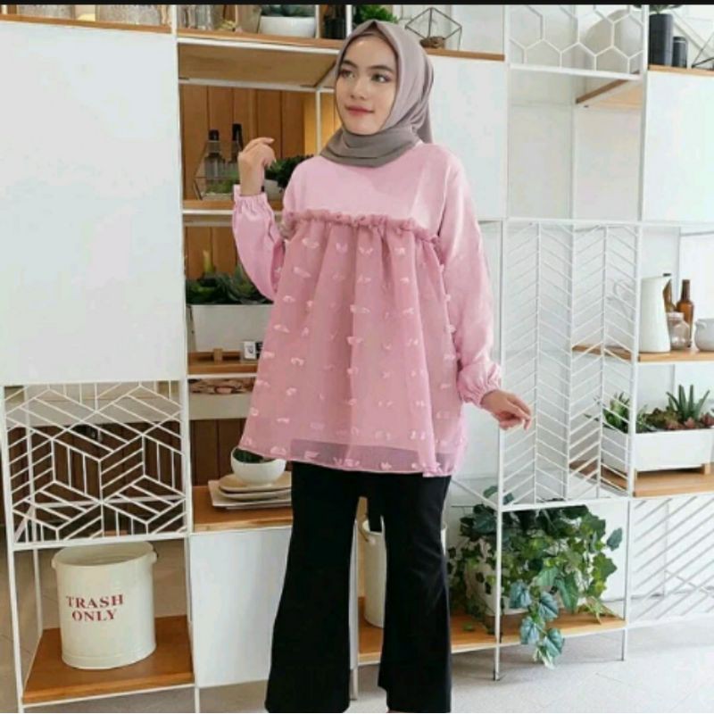 RUBY PINK BLOUSE MERAH MUDA BAJU ATASAN WANITA LENGAN PANJANG DUSTY MODIS MURAH DNCIJ PINGKY