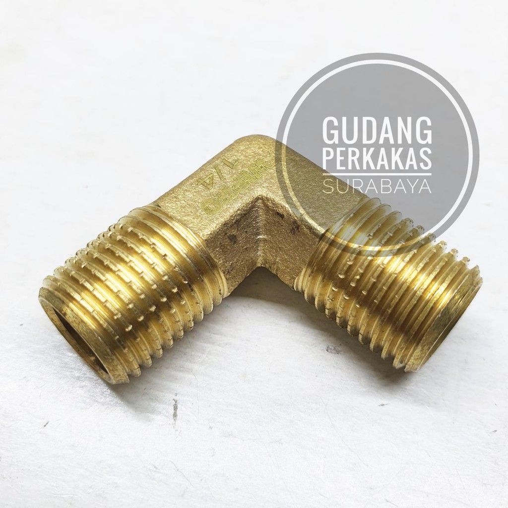 DOUBLE MALE ELBOW 1/4 x 1/4 KNEE DRAT LUAR SAMBUNGAN PIPA KUNINGAN L DRAT LUAR x DRAT LUAR 1/4