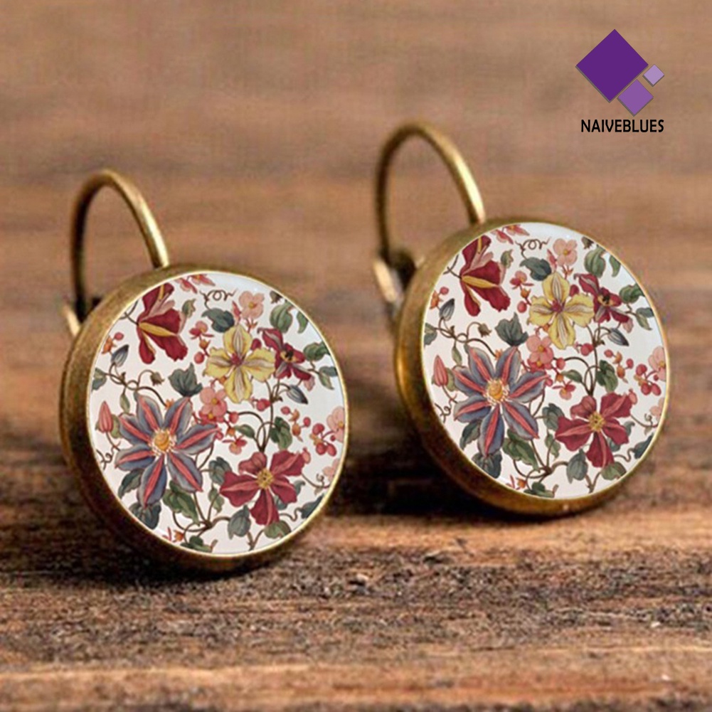 Anting Liontin Bulat Motif Print Bunga Gaya Vintage Untuk Wanita