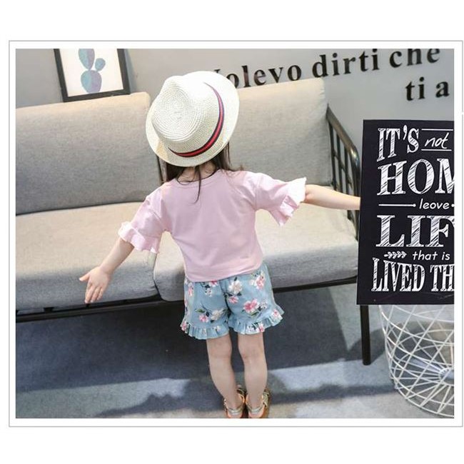 KF Cat Setelan anak perempuan / set baju celana anak cewek import bunga cantik 1-4thn bahan katun trendy-5