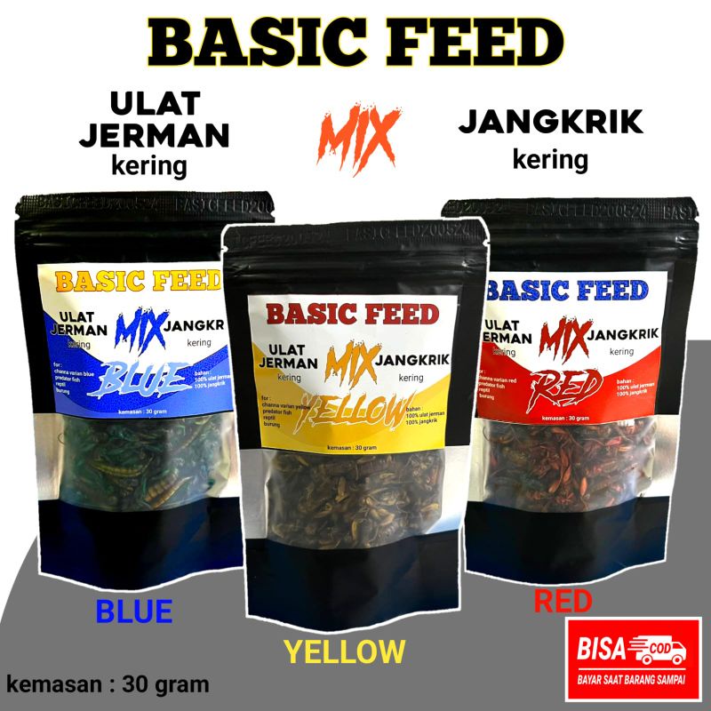 JANGKRIK X ULAT JERMAN  kering feed mix 30 grm Red BLUE YELLOW | makan ikan predator | pakan ikan ch