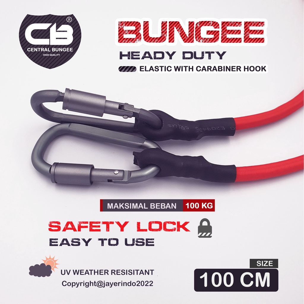 Tali karet pengiIkat barang bagasi Motor / Mobil type CARABINER 1 sd 2 Meter Premuim Quality- By Central bungee