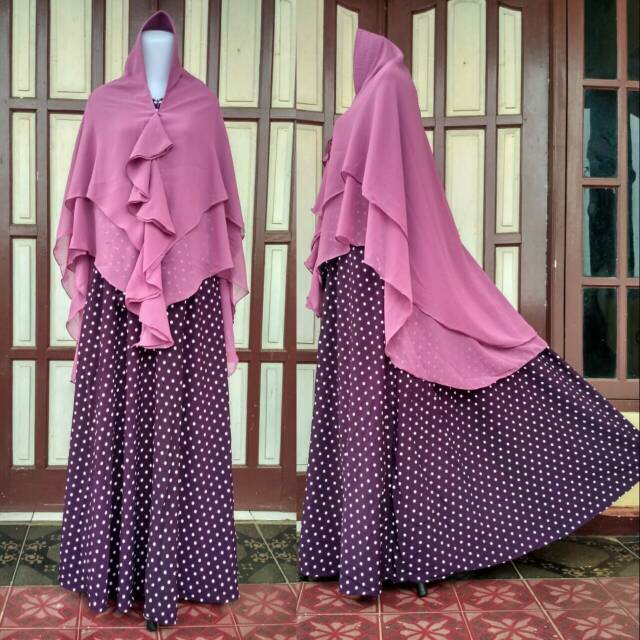 GAMIS JUMBO POLKADOT UNGU SET KHIMAR CERUTI DASI POLOS / MAXI DRESS MUSLIM WANITA