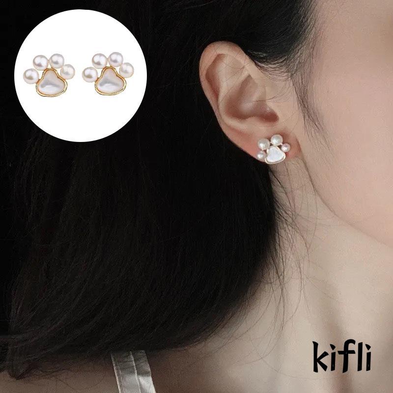 Anting Tusuk Silver 925 Desain Cakar Kucing Hias Mutiara Elegan Untuk Wanita (KD)