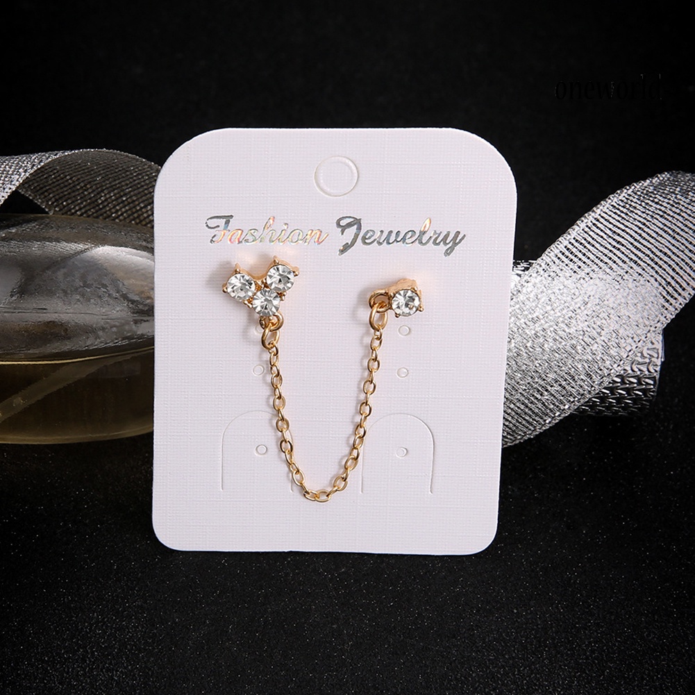 OW@ 1Pc Golden Tone Shiny Rhinestone Heart Double Ear Stud Chain Linked Earrings