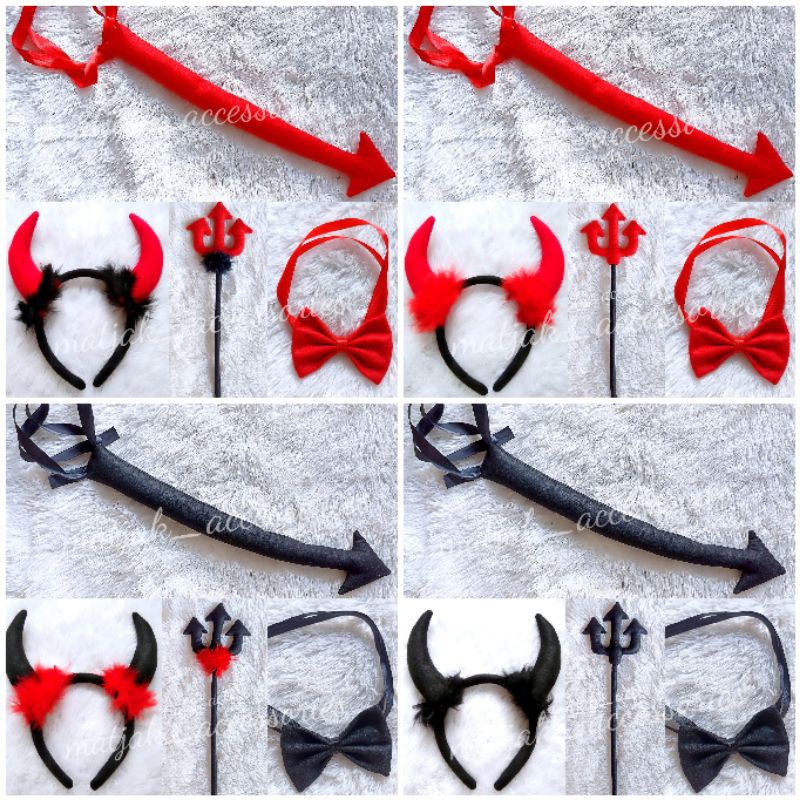 Halloween Kostum Ekor Tail Tongkat Bando Dasi Chocker Devil Iblis Setan Evil Cosplay Party Pesta Costumes